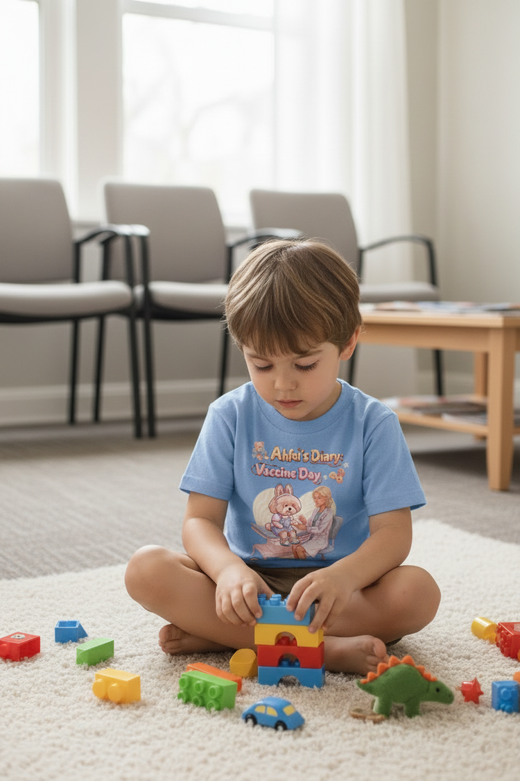 Little boy wearing Ahfei's Diary Vaccine Day tee playing with toys