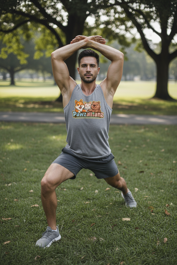 Man wearing Pawzallianz tank top during warmup workout