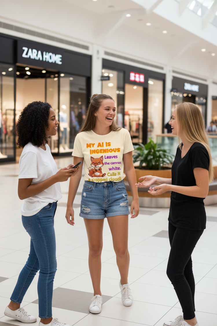 Teen girl wearing Pawz Wit tee chatting with friends in shopping mall