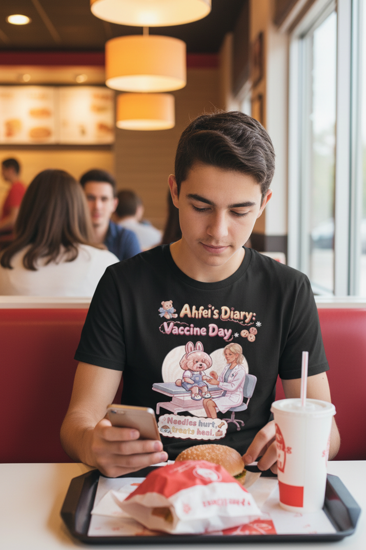 Teenager wearing Ahfei's Diary Vaccine Day tee at fast food restaurant