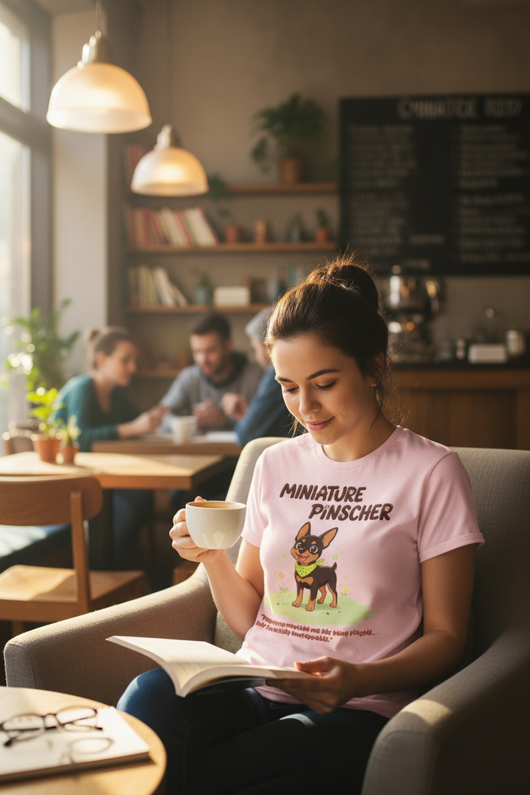 Young woman wearing Miniature Pinscher tee in a coffee shop
